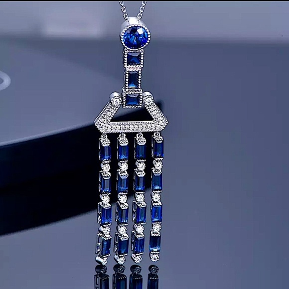 Blue Sapphire Sterling Silver Tassel Zircon Pendant Charm Statement Necklace - Picture 1 of 10